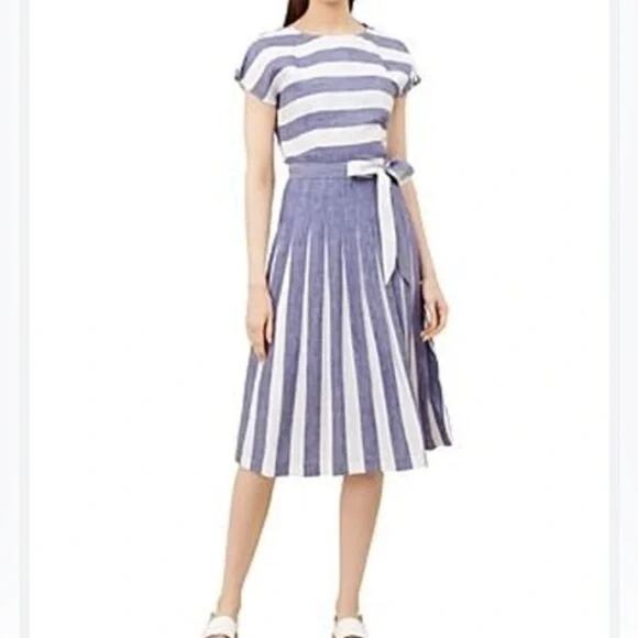 Hobbs London Women's Blue & White Striped Aria Pleated Linen Midi Dress Size‎ 10 - Picture 3 of 11